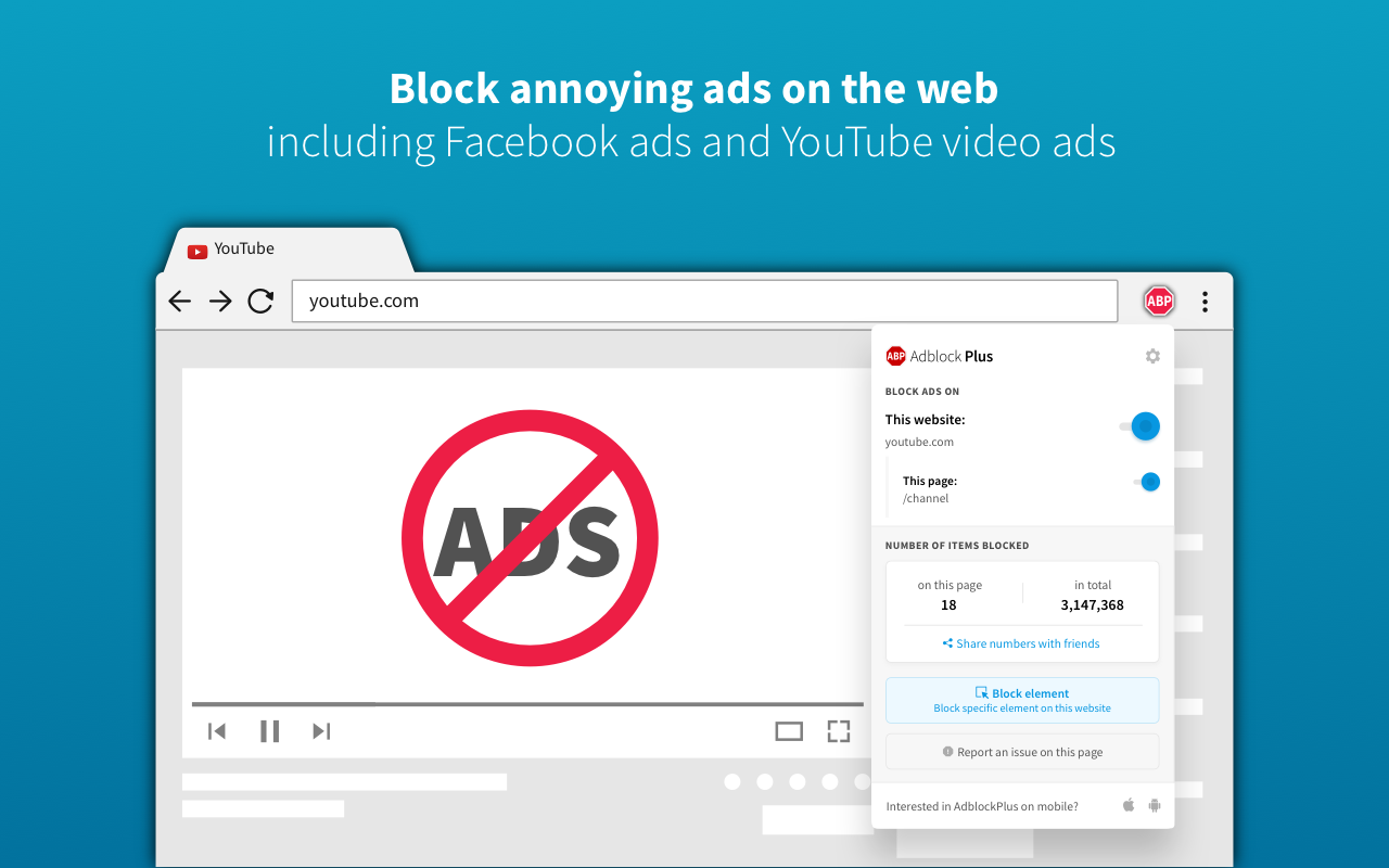 Adblock Plus Chrome extension blocking pop-ups, video ads, and trackers