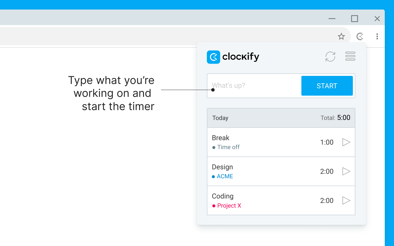Clockify Chrome extension interface showing time tracking dashboard and project selection