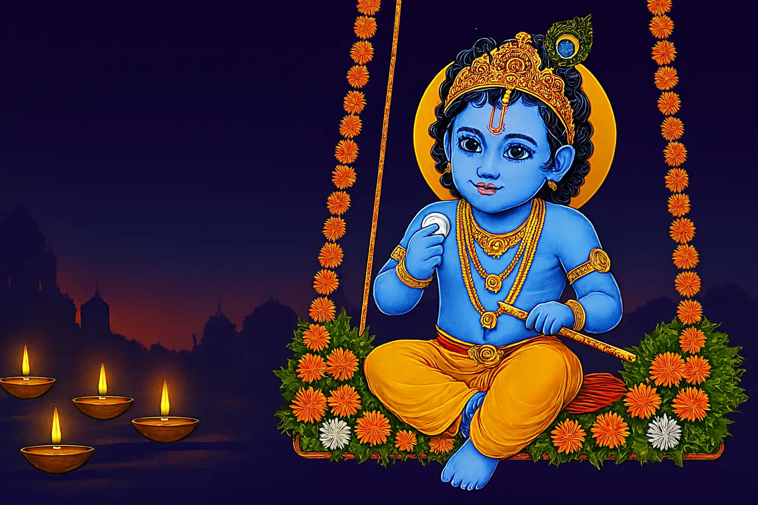 HD landscape illustration of Krishna Janmashtami midnight celebration with a decorated cradle swing, glowing diyas, peacock feathers, and lotus flowers under a starry sky