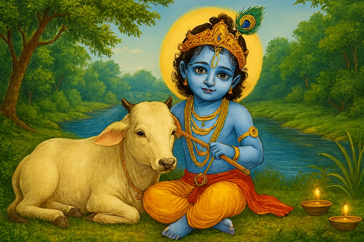 HD landscape illustration of Krishna Janmashtami midnight celebration with a decorated cradle swing, glowing diyas, peacock feathers, and lotus flowers under a starry sky