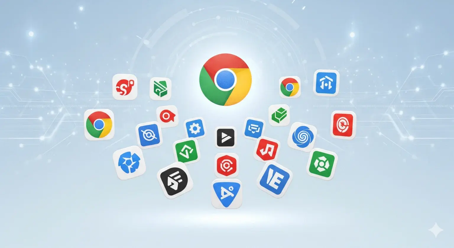 Futuristic illustration showcasing top Chrome extensions enhancing productivity, browsing, and digital workflows in 2025,Best Chrome Extensions, https://globalaware.in/top-chrome-extensions-supercharge-workflow-2025/