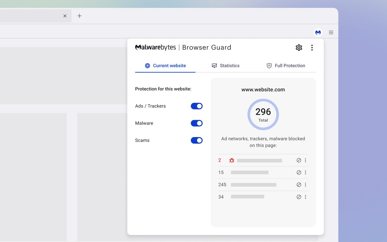 Malwarebytes Chrome extension blocking scams, trackers, and malicious websites