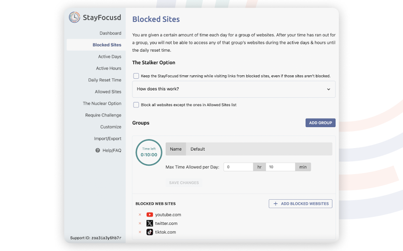 StayFocusd Chrome extension interface showing productivity timer and blocked sites list
