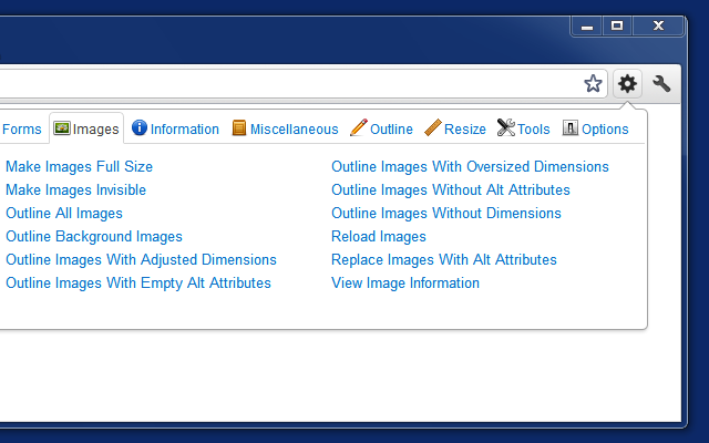 Web Developer Chrome extension toolbar with CSS, forms, images, and resize tools"