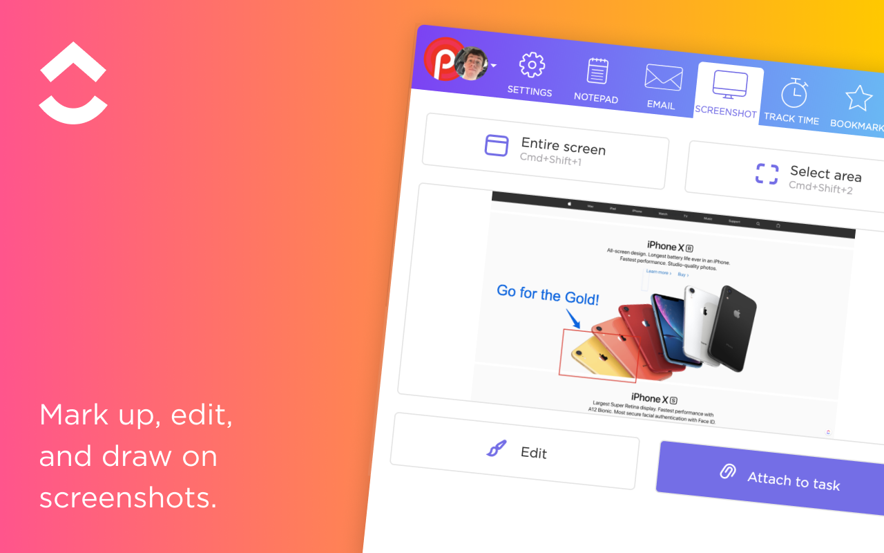 ClickUp Chrome extension interface showing task creation, screenshot capture, email integration, and time tracking tools