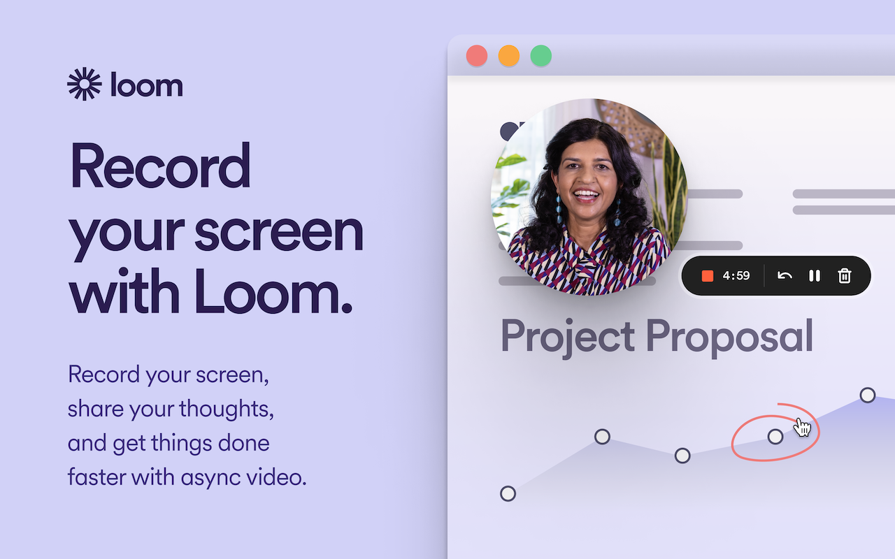 Loom Chrome extension interface showing screen recording options and sharing features.