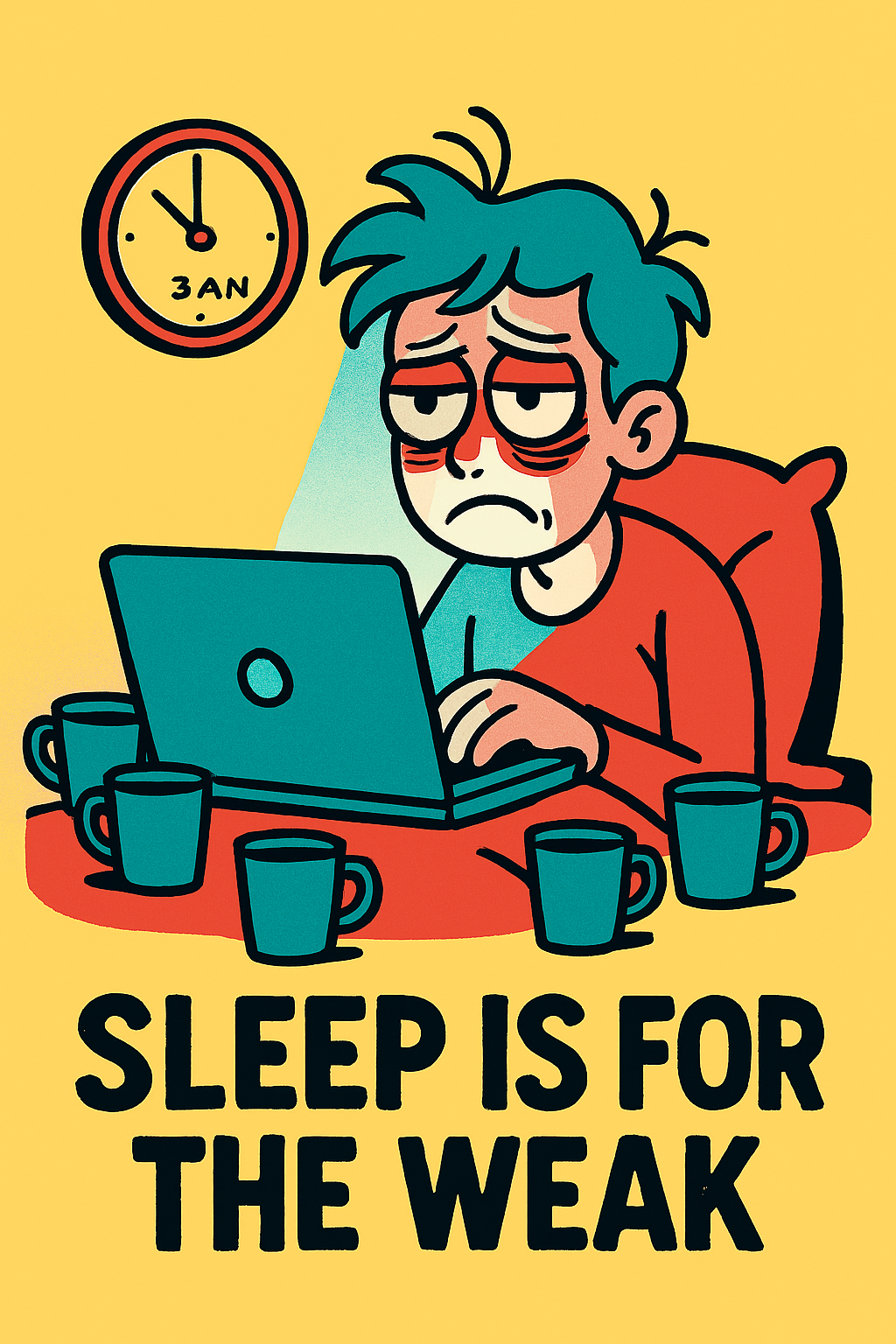 Humorous cartoon of tired person staying awake all night with coffee,How to Reduce Your Health