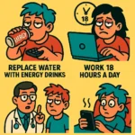 Cartoon illustration of unhealthy lifestyle habits with sarcastic health tips,How to Reduce Your Health,