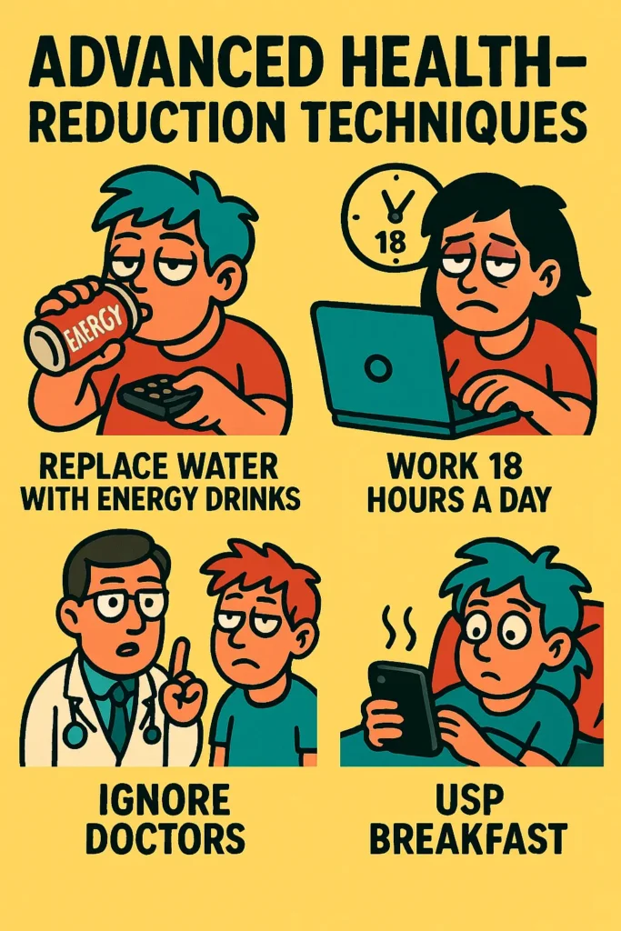 Cartoon illustration of unhealthy lifestyle habits with sarcastic health tips,How to Reduce Your Health,